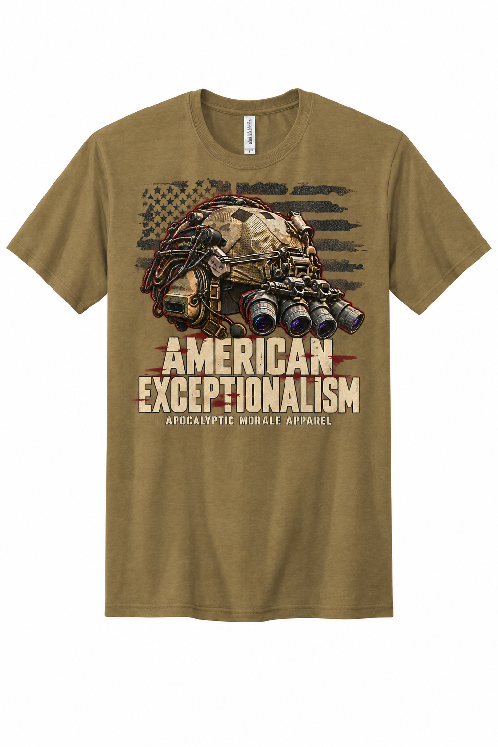 American Exceptionalism T-shirt in Coyote Brown with Apocalyptic Morale Apparel stencil branding