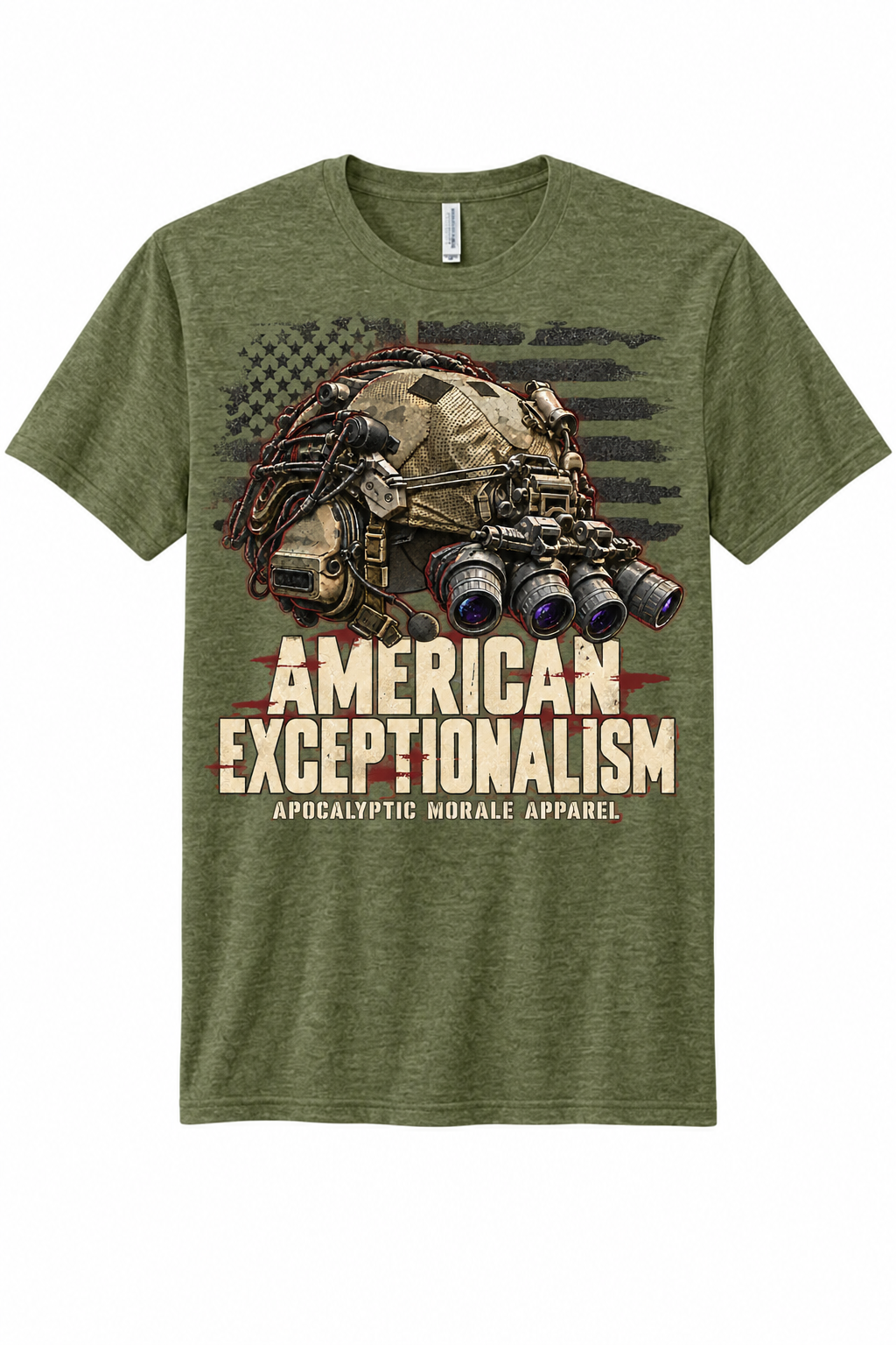 American Exceptionalism T-shirt in OD Green with Apocalyptic Morale Apparel stencil branding