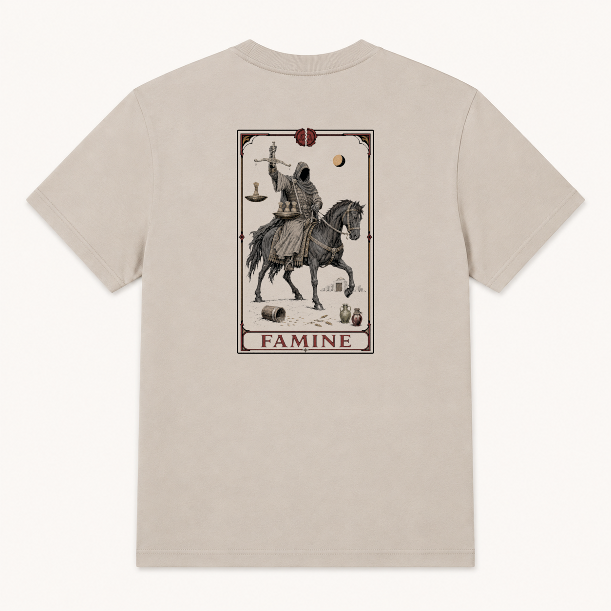 Back of Dust tee with enlarged tarot-style Famine card showing the Black Horse of the Apocalypse