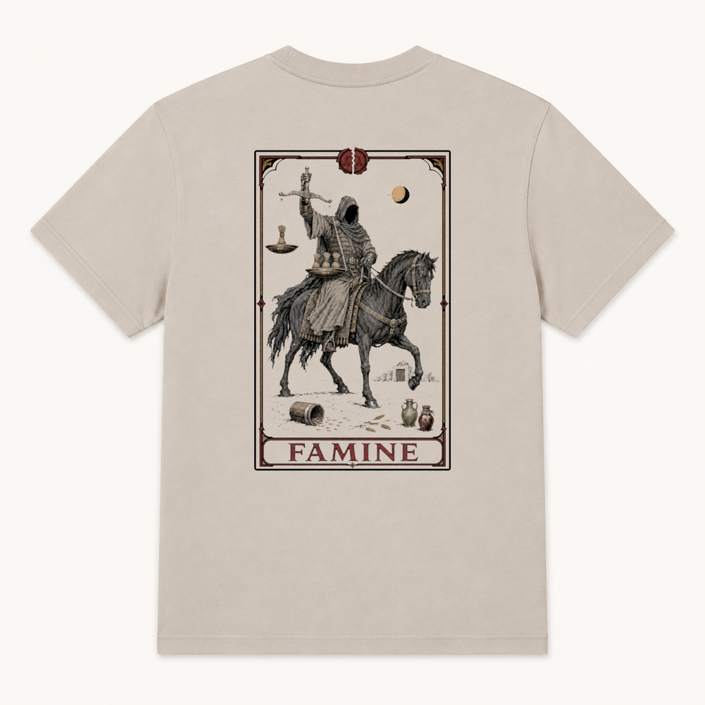 Back of Dust tee with full-size tarot-style Famine card extending beyond the collar width