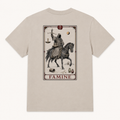 Back of Dust tee with full-size tarot-style Famine card extending beyond the collar width
