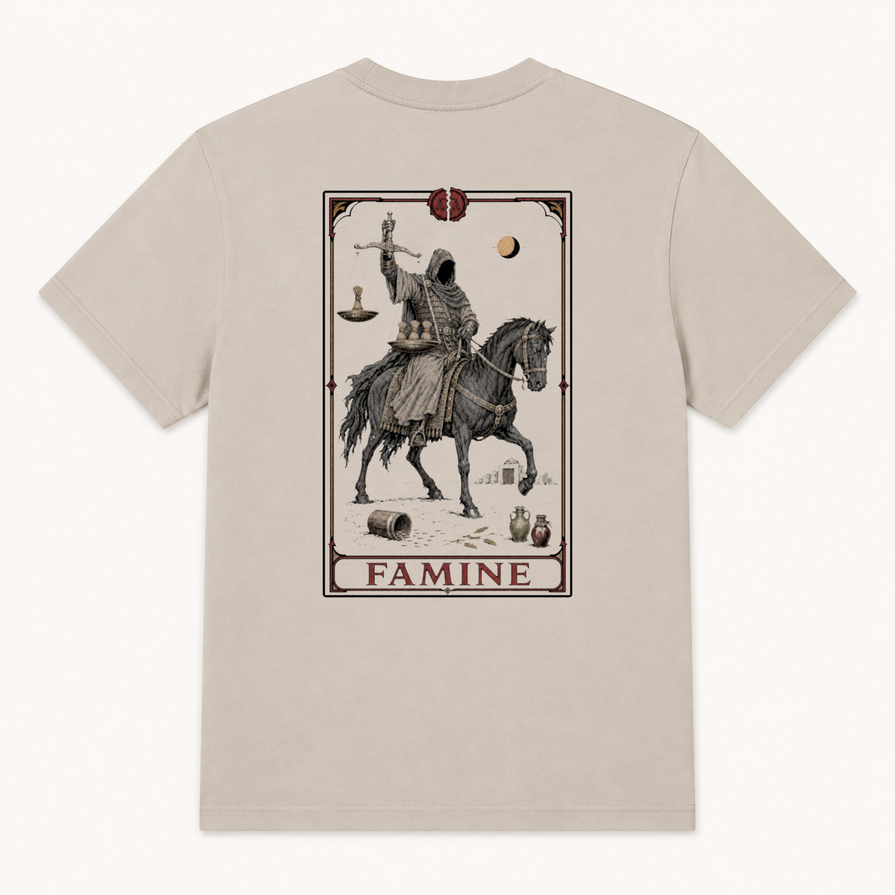 Back of Dust tee with full-size tarot-style Famine card extending beyond the collar width