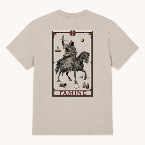 Back of Dust tee with full-size tarot-style Famine card extending beyond the collar width