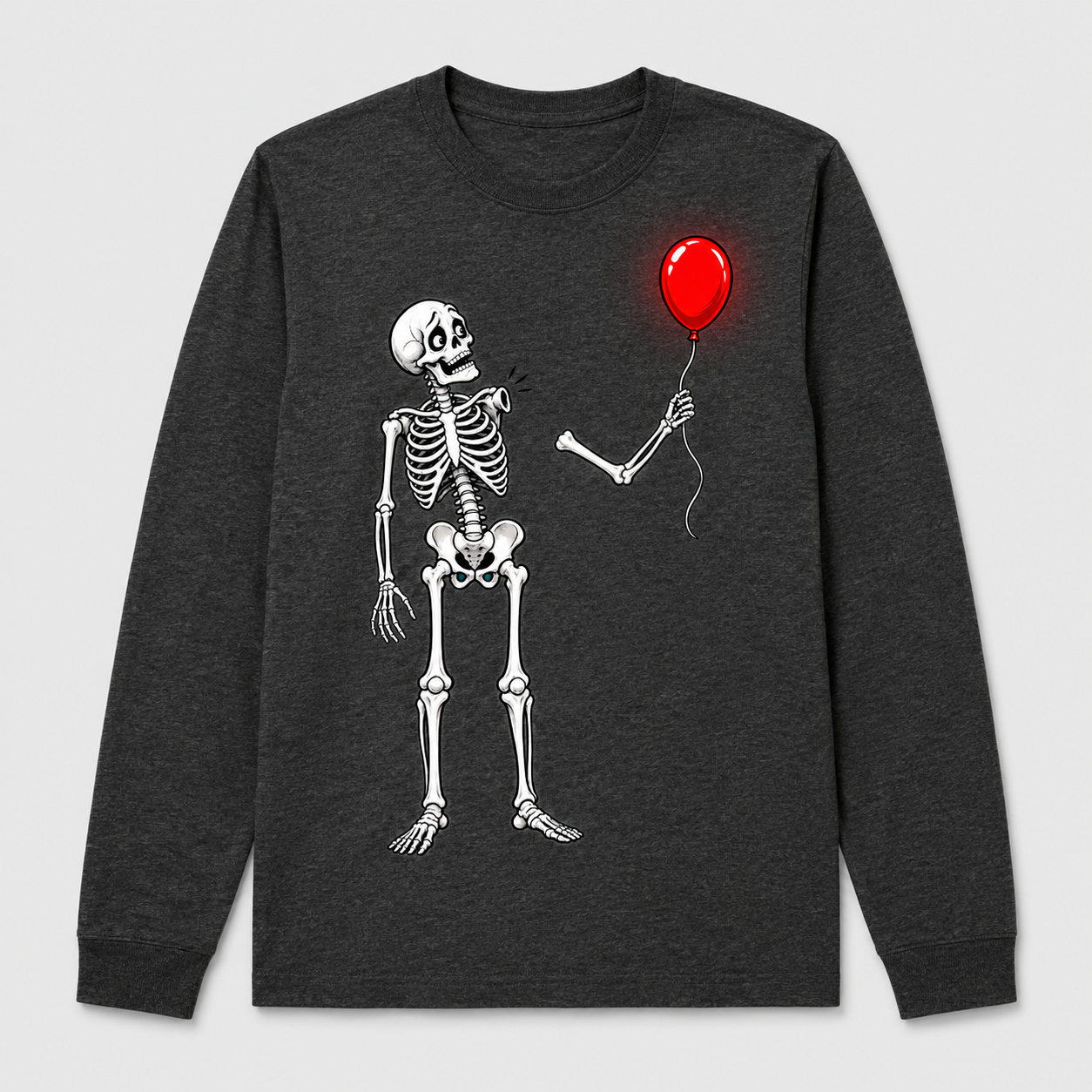 Dark heather long sleeve shirt with concerned skeleton and red balloon, clean version