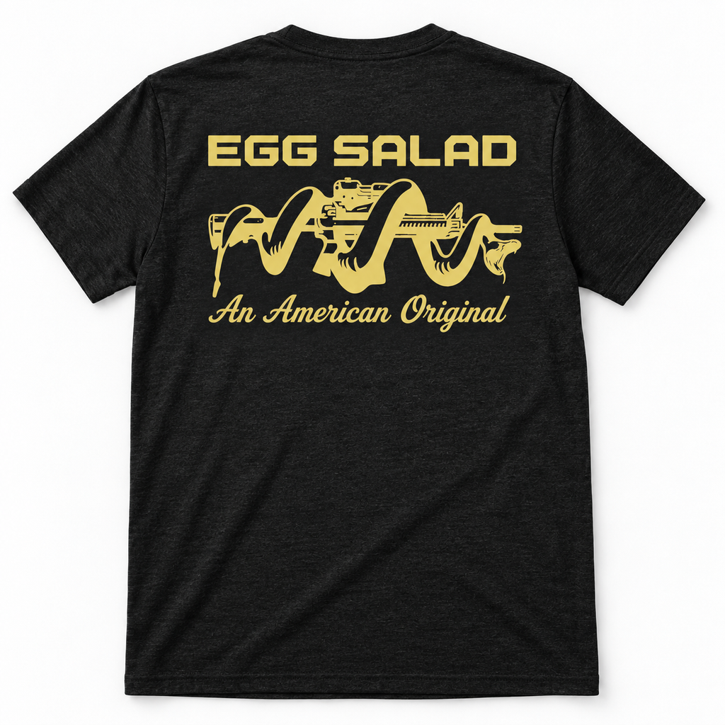 Egg Salad An American Original black USA-made triblend tee with yellow rifle and snake back print