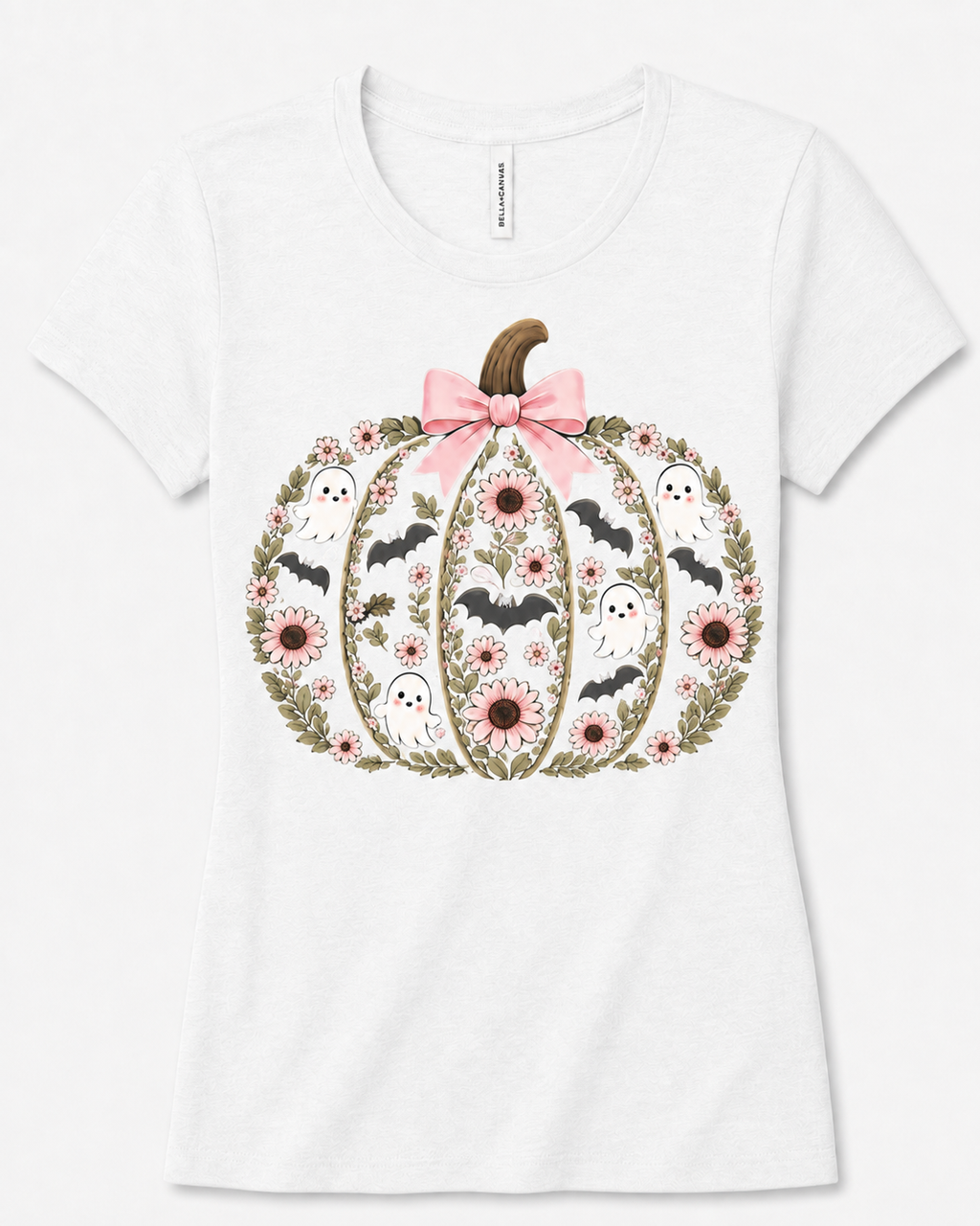 Women's floral pumpkin Halloween tee with pink flowers, tiny ghosts and bats in White