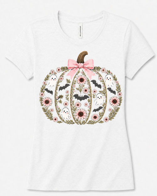 Women's floral pumpkin Halloween tee with pink flowers, tiny ghosts and bats in White