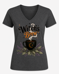 Women's Witch's Brew Halloween V-neck tee with moon mug, lavender and sage