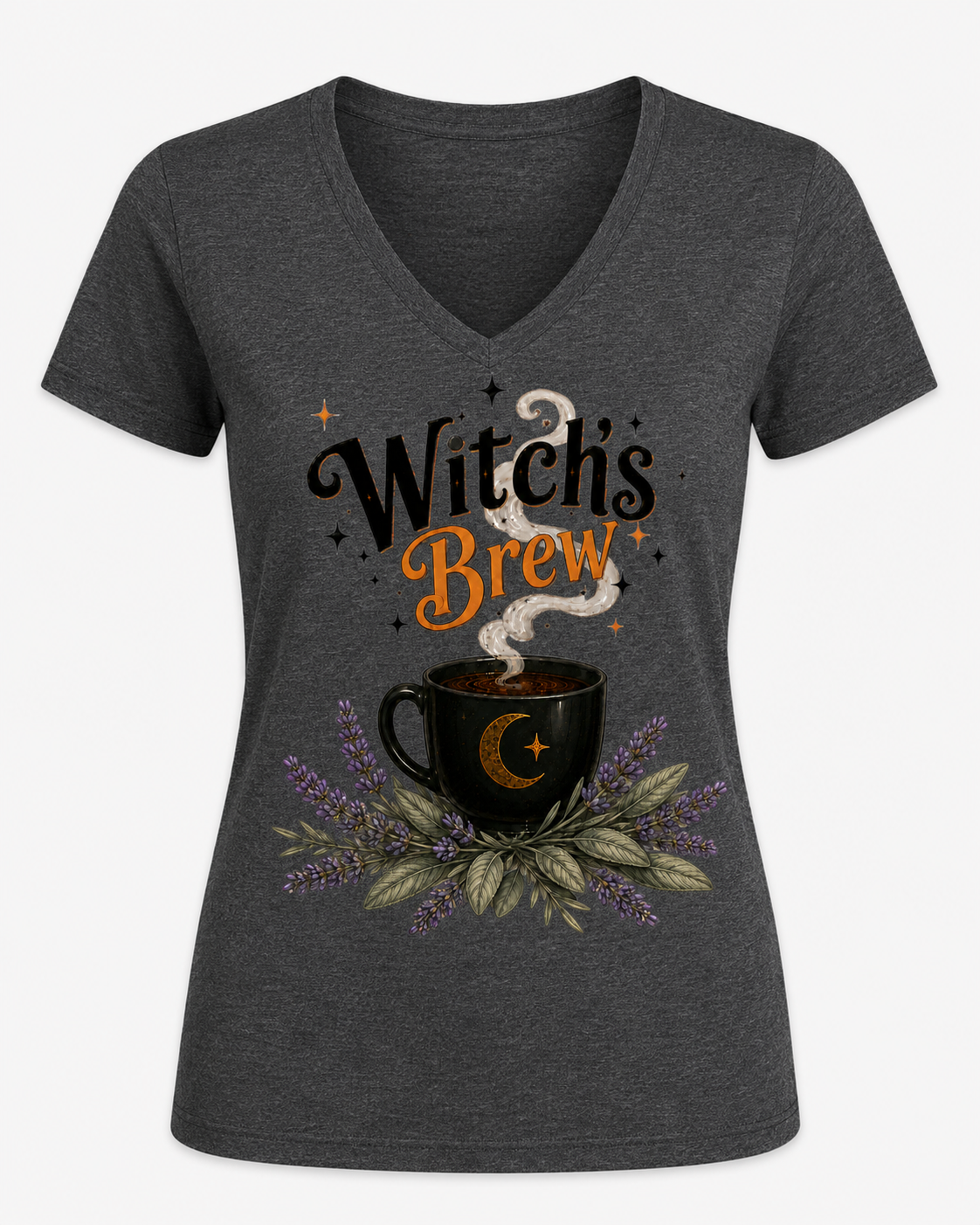 Women's Witch's Brew Halloween V-neck tee with moon mug, lavender and sage