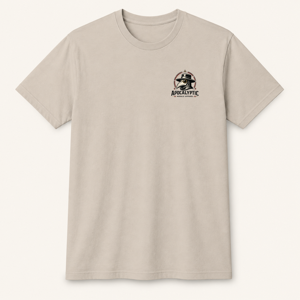 Front of Dust tee with mystical Apocalyptic Morale plague doctor logo on left chest
