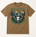 GoldCorp Appalachistan pine green design on Coyote Brown USA-made triblend tee