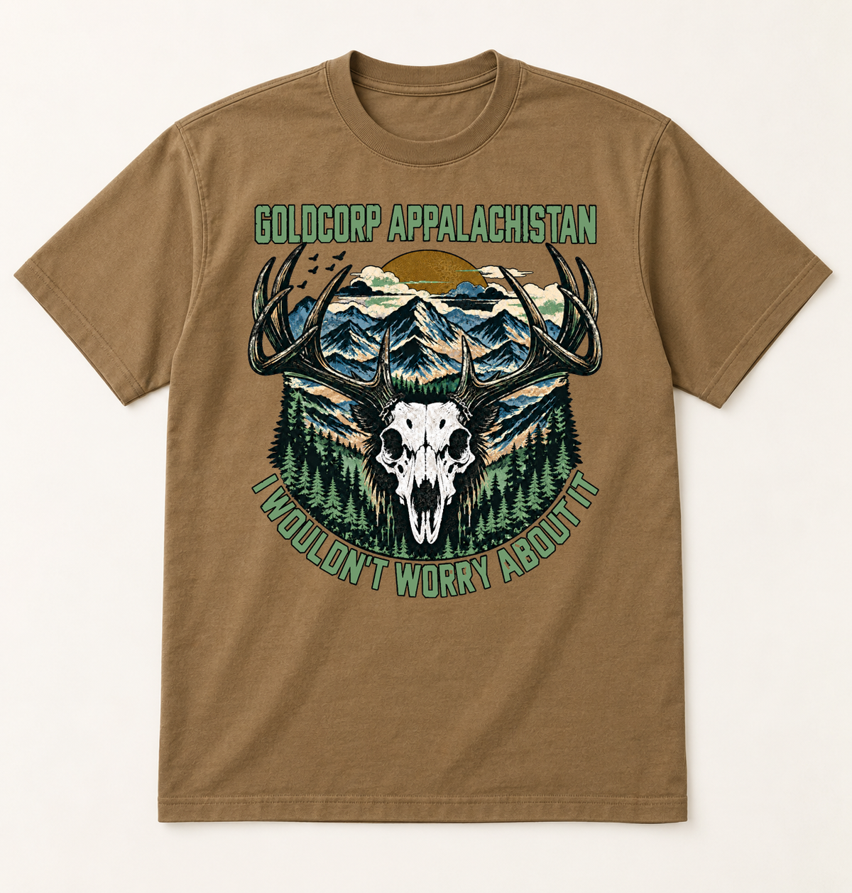 GoldCorp Appalachistan pine green design on Coyote Brown USA-made triblend tee
