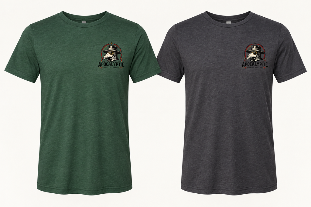 Both colors with 3 inch tall Apocalyptic Morale left chest logo