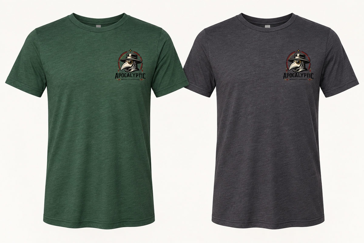 Both colors with 3 inch tall Apocalyptic Morale left chest logo