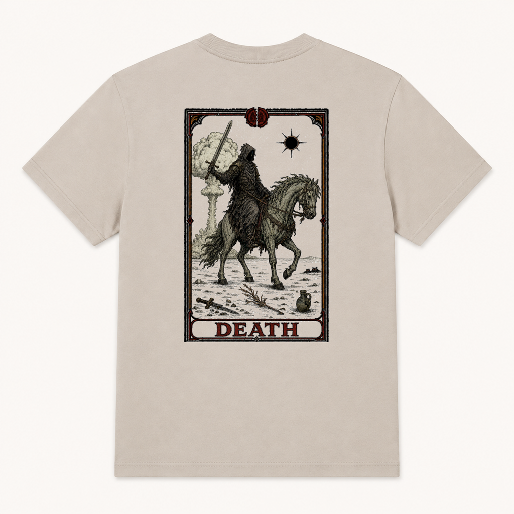 Back of Dust tee with tarot-style Death and the Pale Horse of the Apocalypse