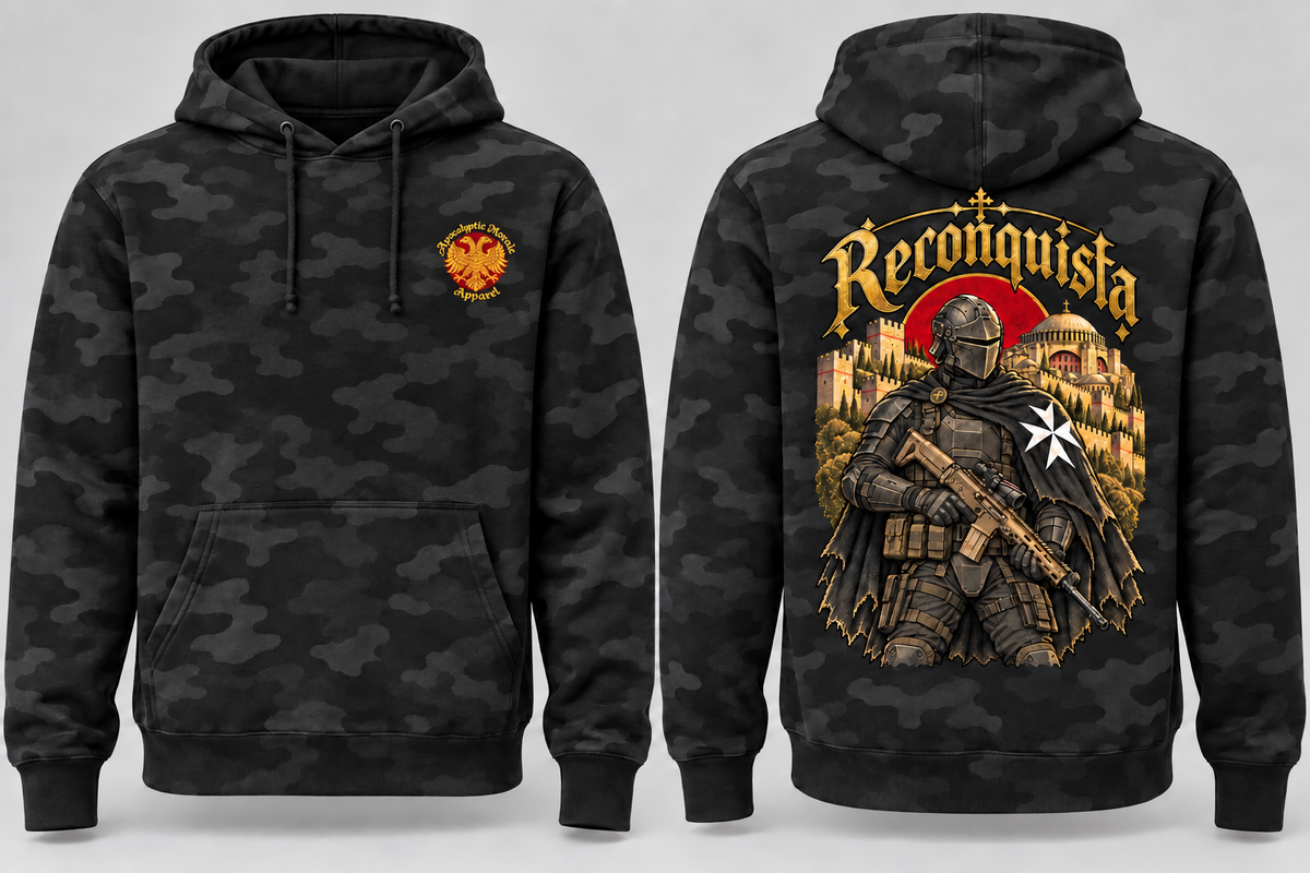 Reconquista 2.0 Black Camo hoodie front and back
