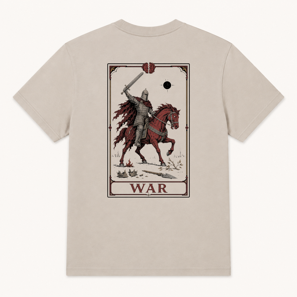 Back of Dust tee with full-size tarot-style War card extending beyond the collar width