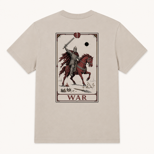 Back of Dust tee with full-size tarot-style War card extending beyond the collar width