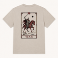 Back of Dust tee with full-size tarot-style War card extending beyond the collar width