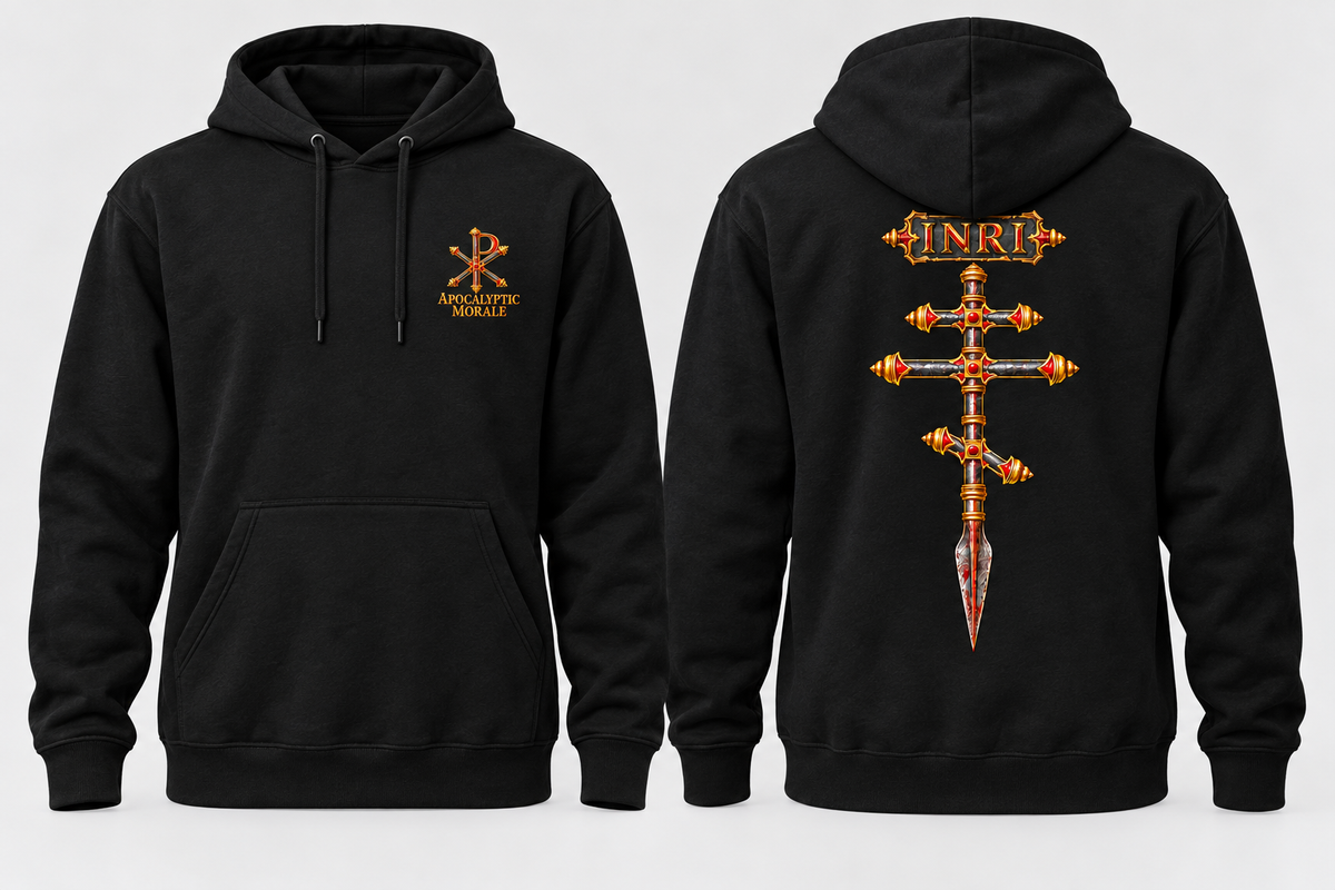 The Holy Lance black pullover hoodie, front and back