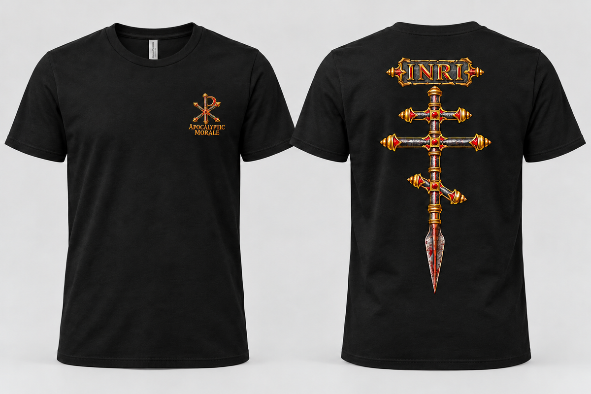 The Holy Lance black Bella+Canvas tee: Chi-Rho left chest and INRI Orthodox spear-cross back