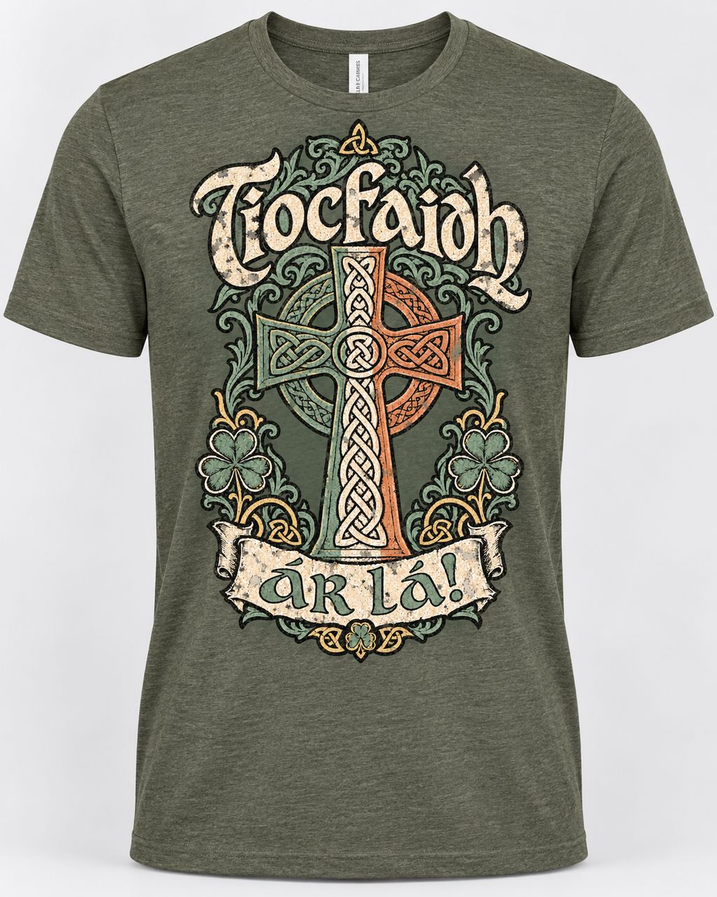 Military Green Tiocfaidh ár lá Celtic cross shirt