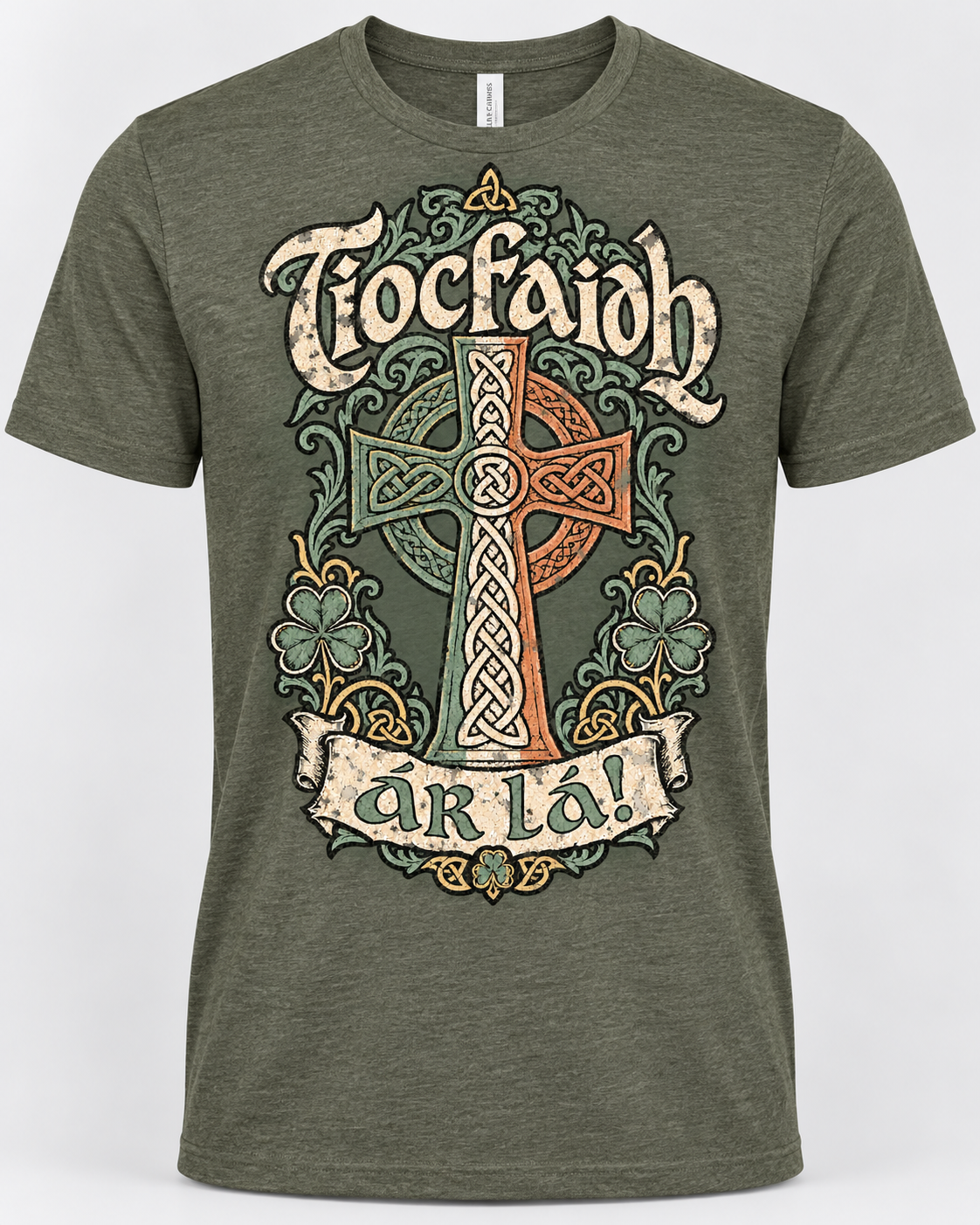 Military Green Tiocfaidh ár lá Celtic cross shirt