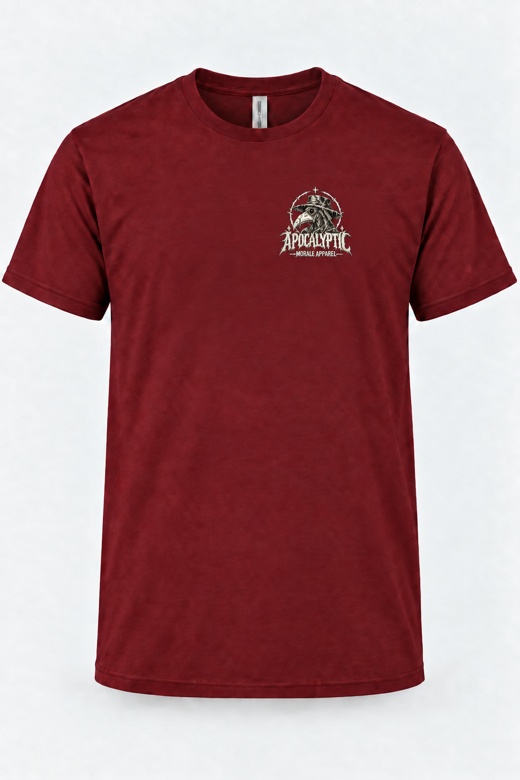 Oxblood Wendigo tee front with left chest plague doctor logo