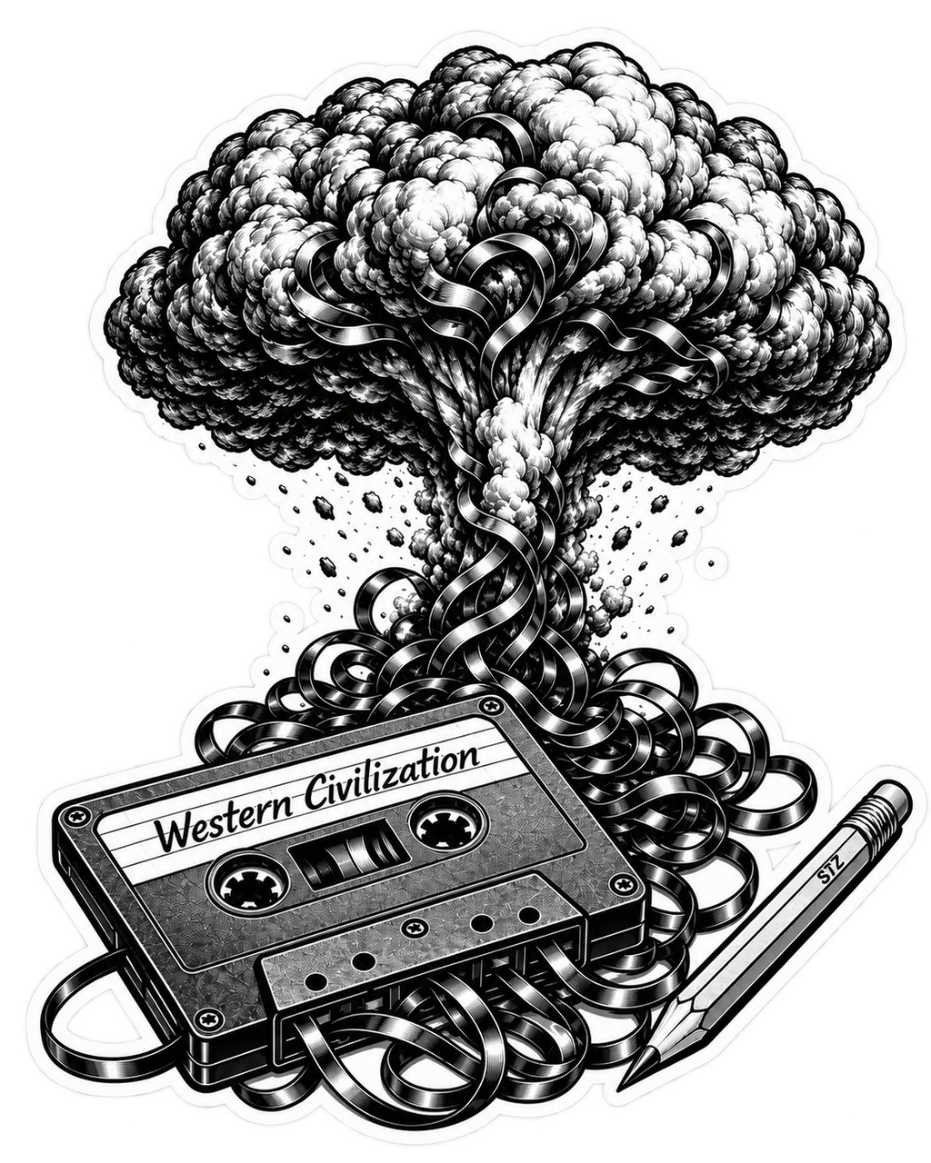 Western Civilization cassette tape and mushroom cloud artwork