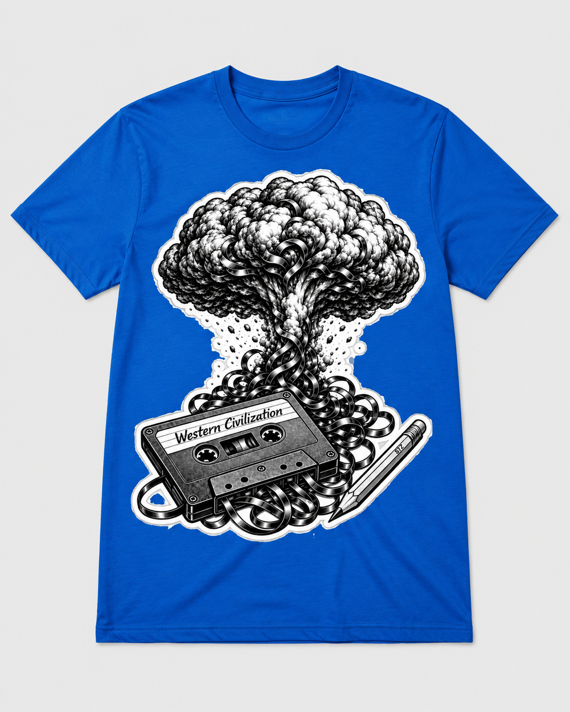 Western Civilization cassette mushroom cloud tee in Bella+Canvas Electric Blue
