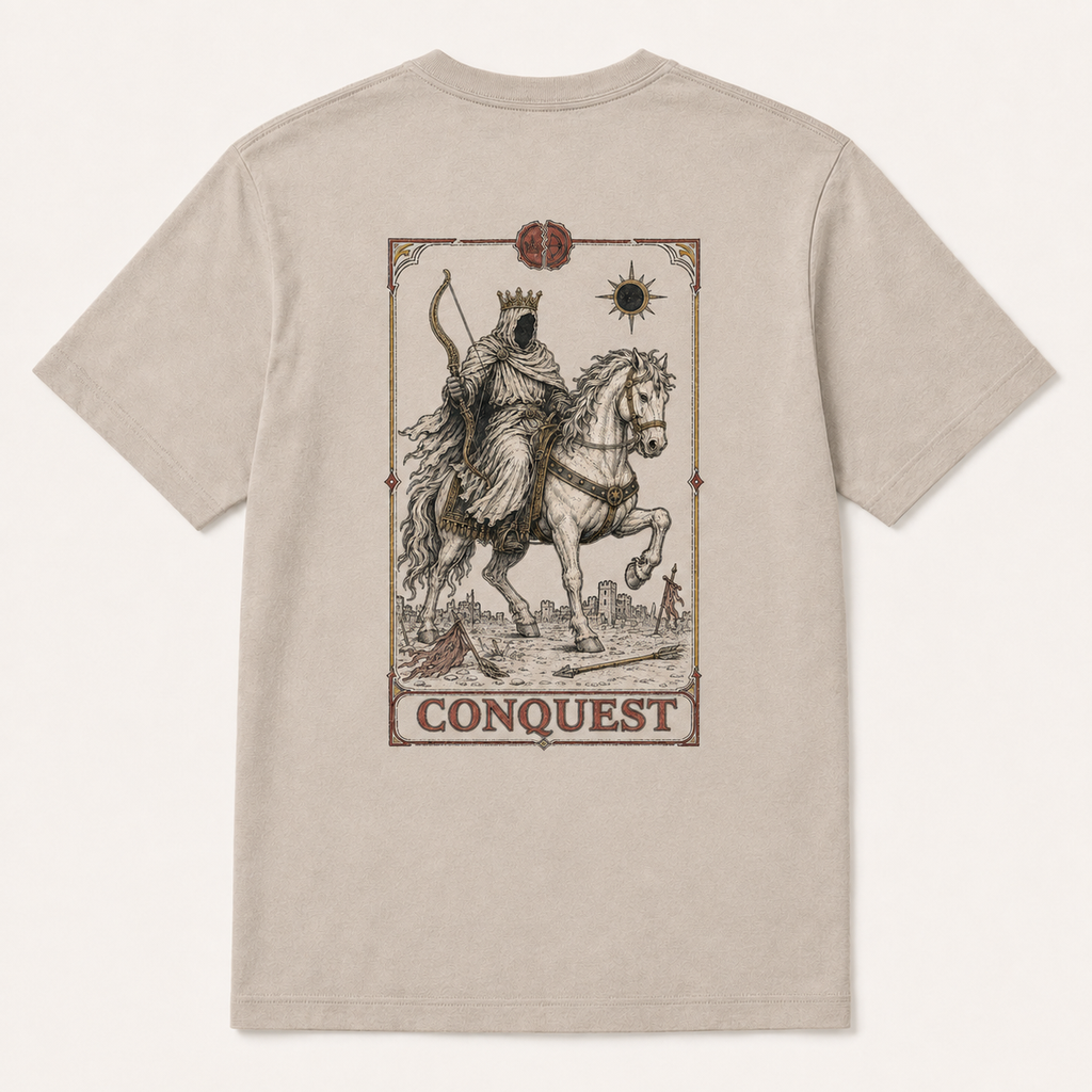 Back of Dust tee with tarot-style Conquest and the White Horse of the Apocalypse