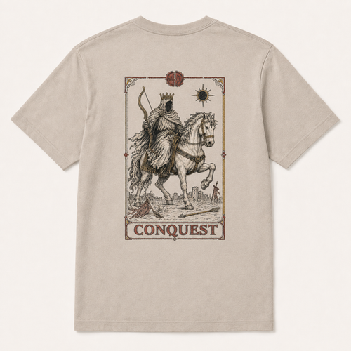 Back of Dust tee with tarot-style Conquest and the White Horse of the Apocalypse